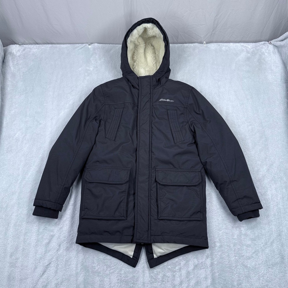 Eddie Bauer Superior Down Parka Boys Medium 10/12 Black Hooded Winter Coat Zip